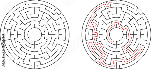 Circular Maze Puzzle Solution Path, Game, Activity, Brain Teaser, Logic, Challenge, Design