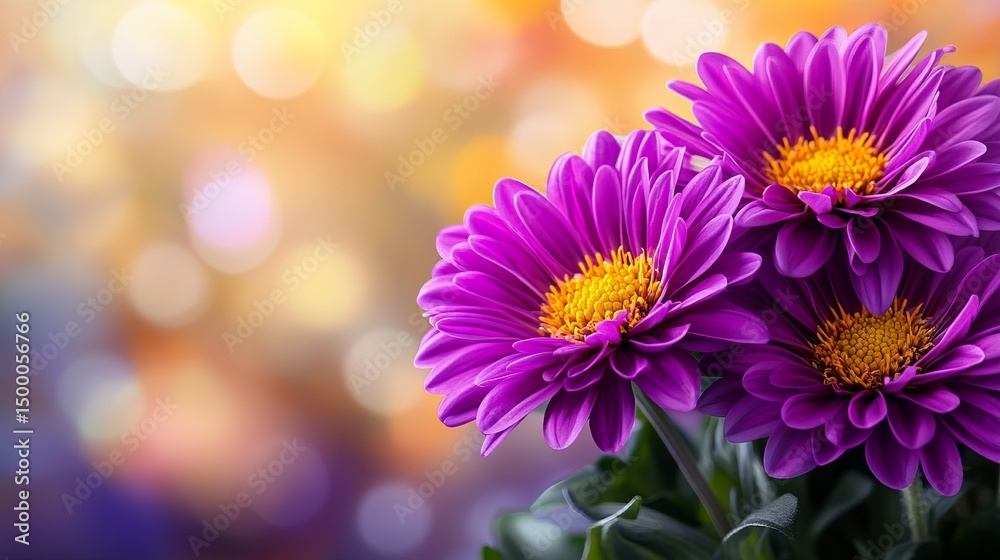 Obraz premium Purple chrysanthemums bloom vibrantly with yellow centers against an orange and yellow bokeh background, creating a soft floral display.