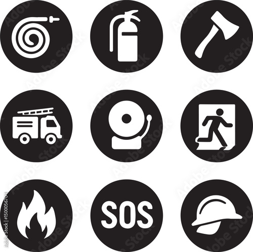 Fire Safety and Emergency Response Icon Set – Black and White Circular Flat Symbols for Signage

