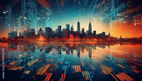 a city skyline submerged under a textured layer of digital patterns depicting the intersection of urbanity and digital texture