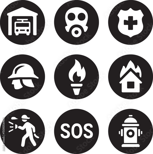 Fire Safety and Emergency Response Icon Set – Black and White Circular Flat Symbols for Signage

