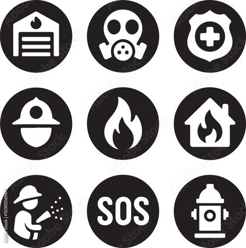 Fire Safety and Emergency Response Icon Set – Black and White Circular Flat Symbols for Signage

