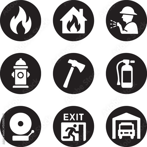 Fire Safety and Emergency Response Icon Set – Black and White Circular Flat Symbols for Signage

