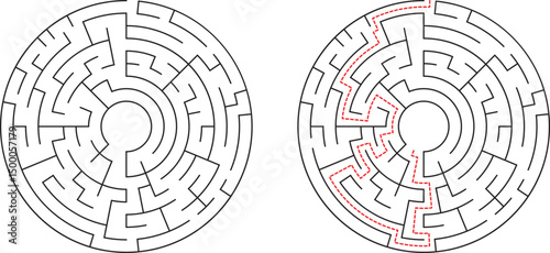 Circular Maze Puzzle Solution Shown, Path, Labyrinth, Challenge, Game, Concentric, Rings, Design, St