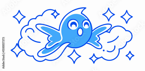 Cute Blue Cartoon Fish Flying on Clouds, Sparkling Stars