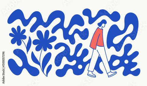 Woman Walking in Abstract Floral Pattern, Illustration