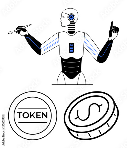 Humanoid robot interacting with technology, holding a tool above digital token and coin graphics. Ideal for AI, blockchain, cryptocurrency, fintech, innovation, future concepts, simple landing page