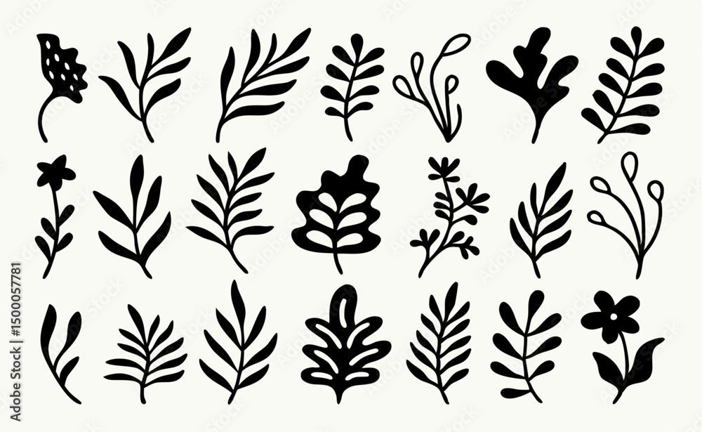 Fototapeta premium Collection of Hand-Drawn Floral and Leaf Silhouettes