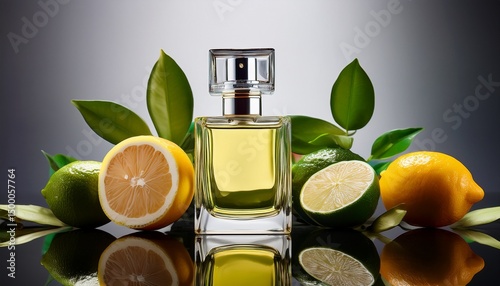stylish glass perfume bottle sits elegantly surface accompanied by fresh citrus fruits including halved lemon and whole lime alongside vibrant green leaves composition evokes sense