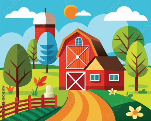 Picturesque Red Barn in a Sunny Farmland