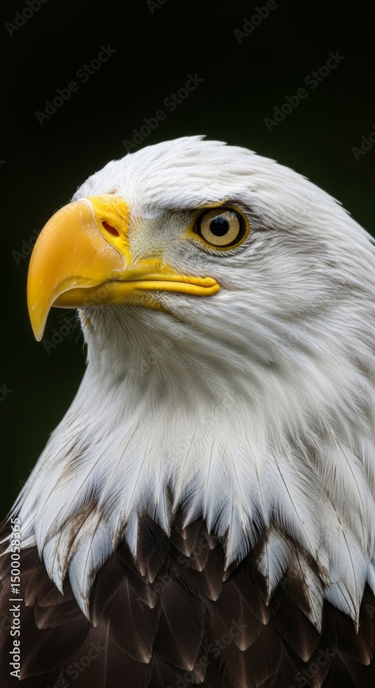 Fototapeta premium Close-up of a majestic bald eagle. The bird's sharp gaze, white head, and golden beak symbolize strength, freedom, and the spirit of the wild.