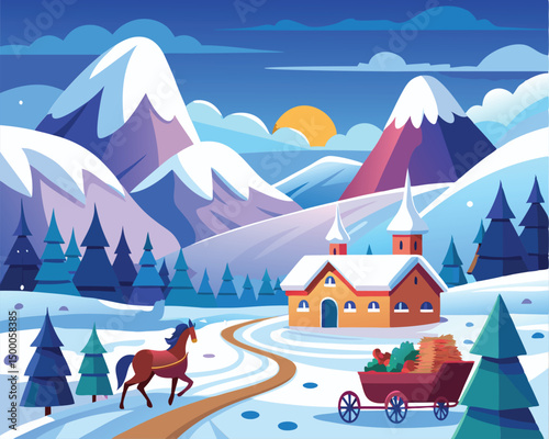Winter Wonderland. Horse in Snowy Mountain Village