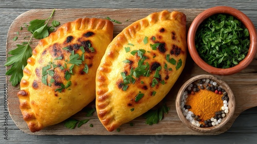 Wallpaper Mural Delicious Baked Empanadas with Fresh Herb Garnish on Rustic Wooden Board Torontodigital.ca
