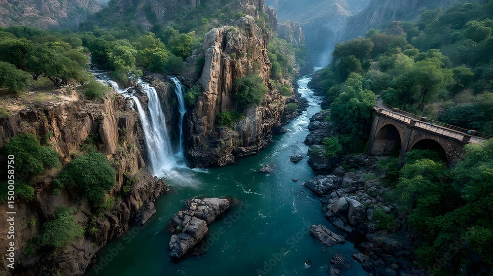 Fototapeta premium An Expansive Helicopter Shot Showcasing Africa's Iconic Waterfall Amidst Verdant Jungle and Flowing River