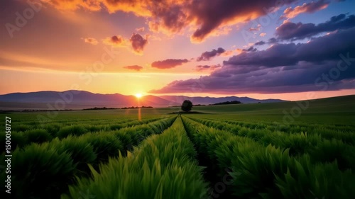 Golden sunlight graces a lush field as it sets behind mountains, crafting a breathtaking twilight scene