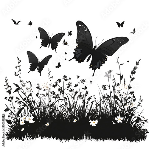 Beautiful black butterflies fluttering above wildflowers in a serene garden scenery suitable for design