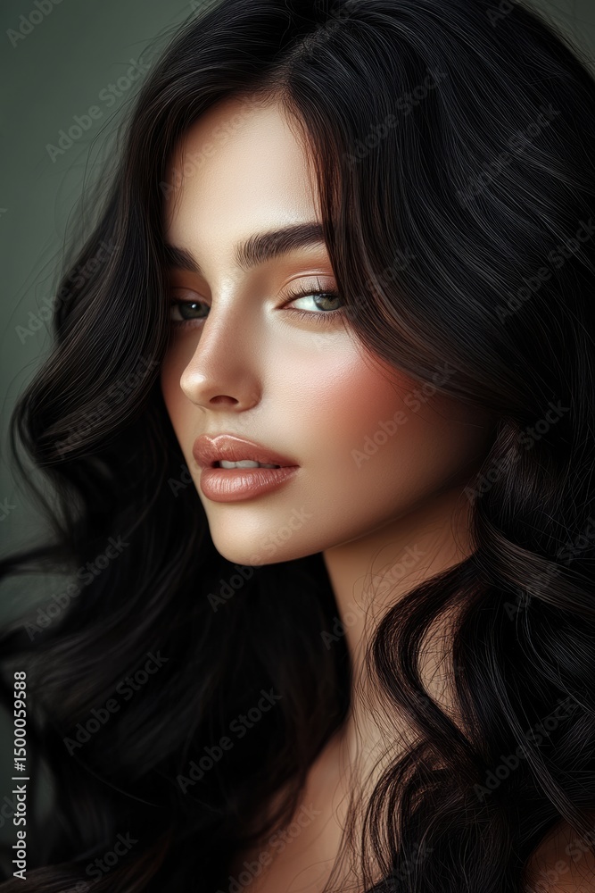 Fototapeta premium Young woman with long dark hair and soft features poses against a neutral background during a beauty photoshoot in natural light
