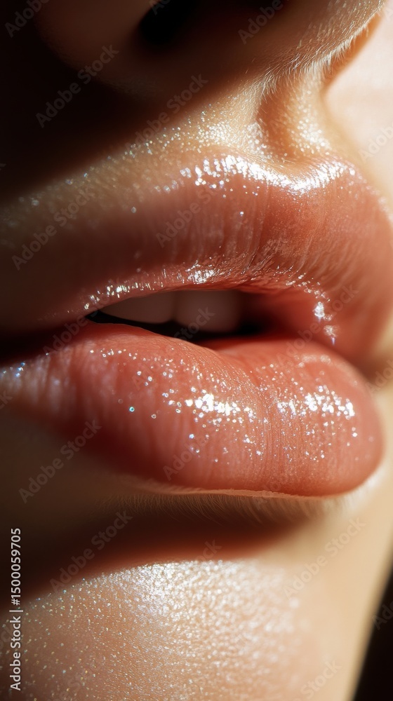 Obraz premium Close-up of glossy lips reflecting soft light during a beauty session showcasing natural makeup