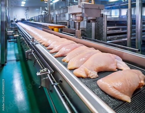 raw chicken fillet on a conveyor belt on a poultry farm hygiene and quality control in processing food industry