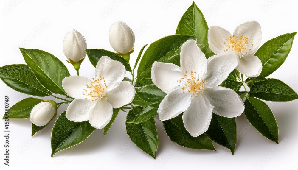 Obraz premium mock orange shrub with fragrant white citrus scented flowers isolated on clear white background highly detailed