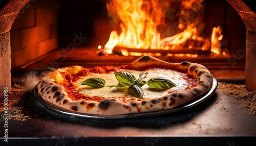 a wood fired neapolitan pizza being pulled out of a roaring brick oven with bubbling cheese slightly charred crust and fresh basil leaves still vibrant the warm golden glow from the fire