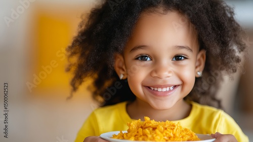 Smiling little girl is holding a plate of yellow food, wearing small earrings and a yellow shirt indoors.