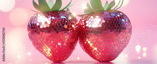 Two strawberries made of red disco ball mirror tiles, AI generated