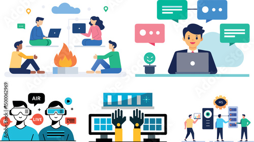 illustrated collage in modern flat design style showing various technology concepts: a group of people working remotely around a campfire with laptops, a professional chatting on a laptop with floatin