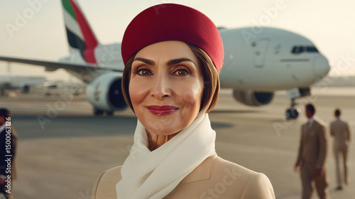 Airline crew member poses confidently at the airport with a plane in the background during golden hour
