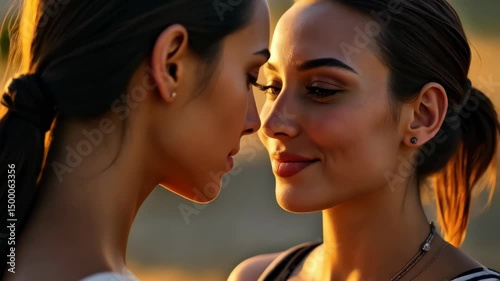 Friends enjoy a serene connection as they embrace the warmth of sunset in a tranquil outdoor location