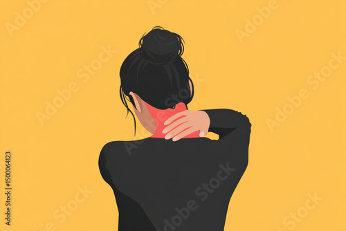 A conceptual medical graphic depicts a person clutching their neck. Glowing red marks and posture cues emphasize chronic neck pain, muscular tension, and stress-related discomfort common in modern lif photo