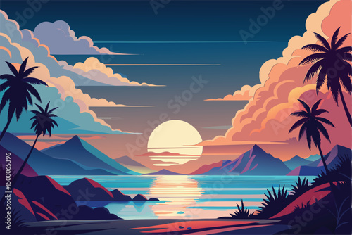 Sunset over Tropical Beach. Idyllic Ocean View and Palm Trees