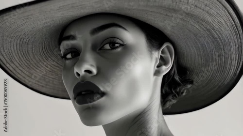A stylish woman poses gracefully, showcasing a striking wide-brimmed hat in a simple, monochrome environment