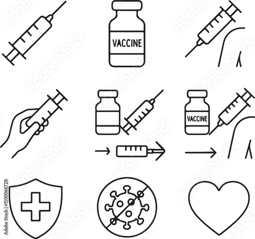 Vaccine Icon Set – Step-by-Step Vaccination Symbols Vector Illustration

