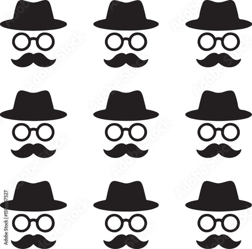 Mustache, Glasses, and Hat Icon Set – Detective Symbol Vector Illustration


