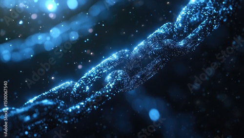 Abstract digital chain links, blue particles, bokeh