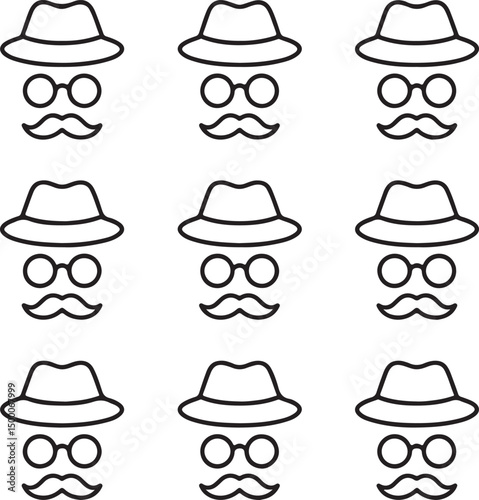 Mustache, Glasses, and Hat Icon Set – Detective Symbol Vector Illustration

