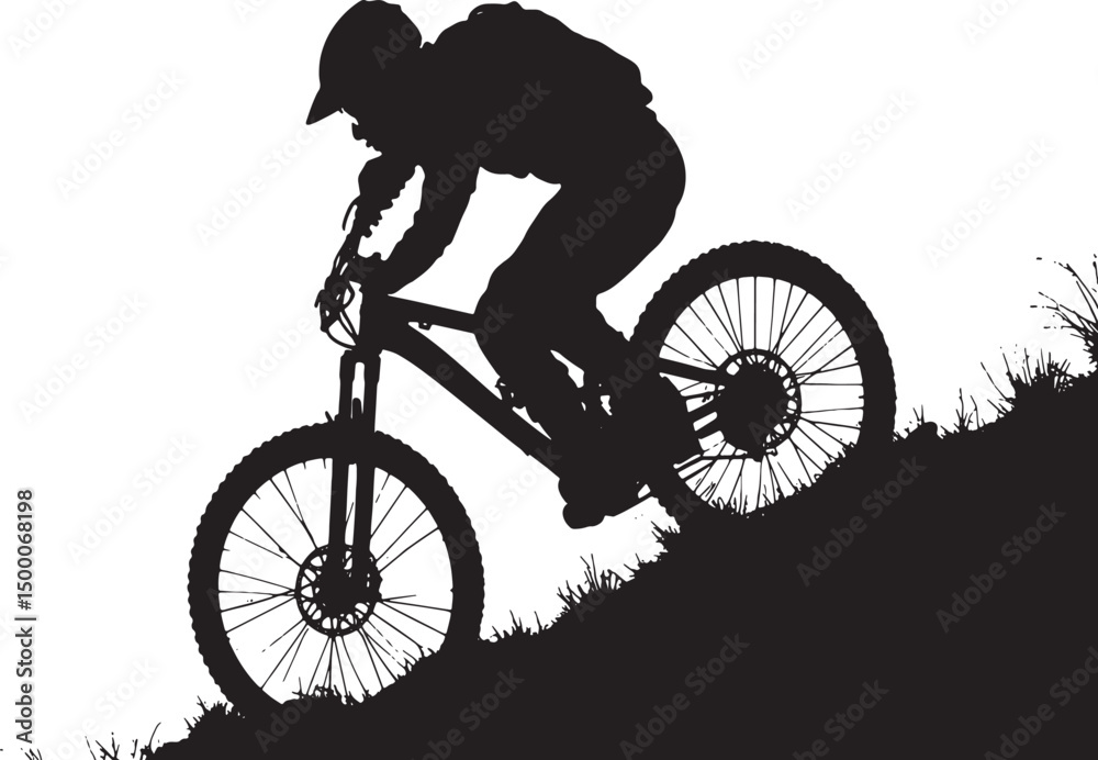 Fototapeta premium Silhouette of Cyclist Riding Uphill on Mountain Trail