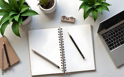 Office desk with laptop notebook flowers and office supplies for business work photo