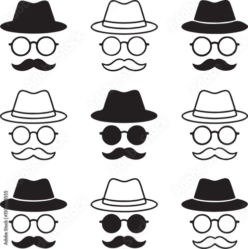 Mustache, Glasses, and Hat Icon Set – Detective Symbol Vector Illustration


