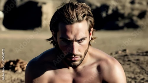 A man with a serious expression stands in a rural landscape filled with natural light and background scenery