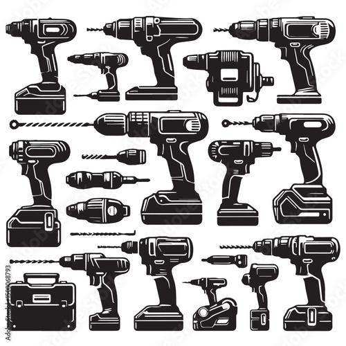 Black Cordless Drill Silhouette Vector, High Quality Illustration on White Background