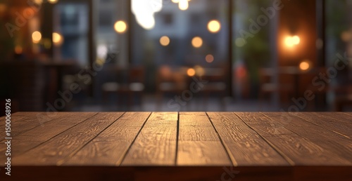 Empty wooden table in a cafe, blurred background photo