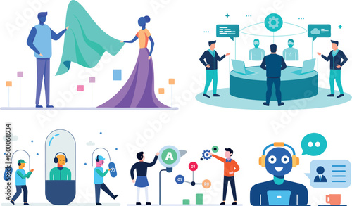 An illustrated collage in modern flat design style depicting futuristic technology and innovation concepts: a man unveiling a digital dress on a woman, symbolizing fashion tech; professionals collabor