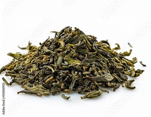 dry green tea leaves heap isolated white background