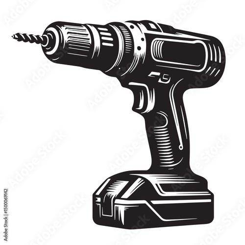 Black Cordless Drill Silhouette Vector, High Quality Illustration on White Background