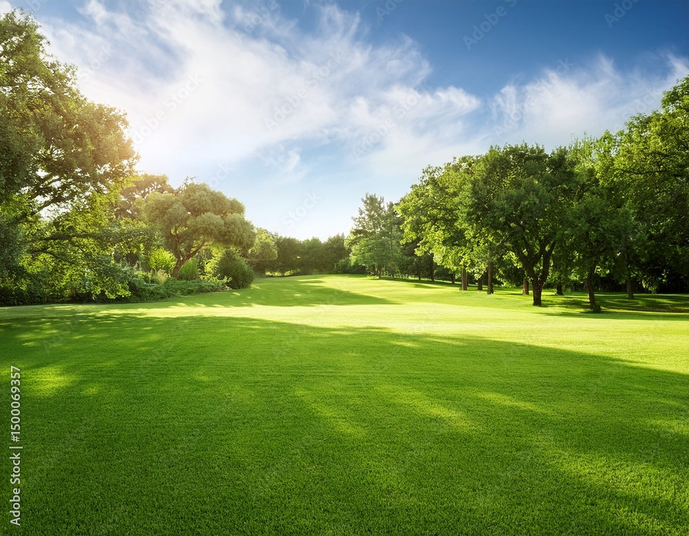 Fototapeta premium lush green park lawn trees background sunny day landscape design