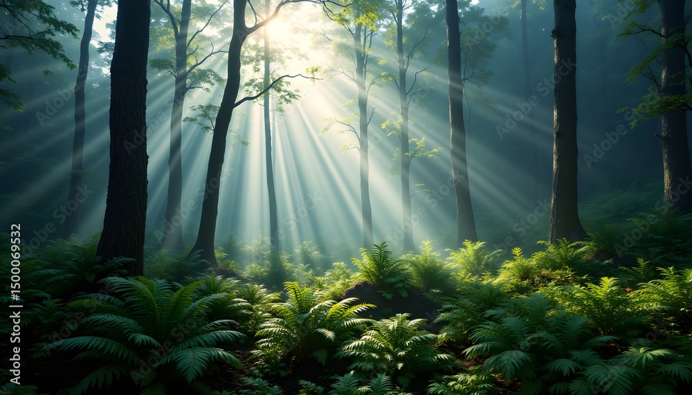 Obraz premium Enchanting Forest Landscape with Sunlight and Misty Atmosphere