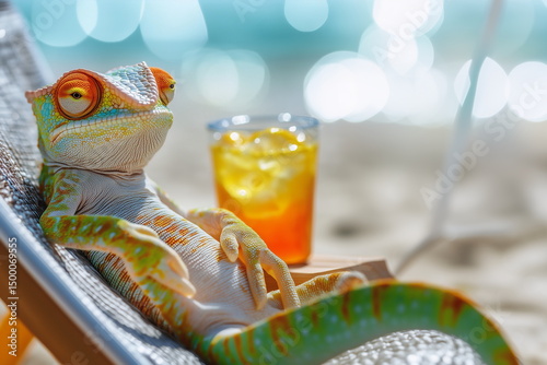 Relaxing lizard enjoys beach day with refreshing drink under sunlight