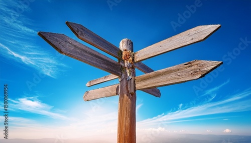 a weathered signpost with multiple arrows pointing in different directions against a backdrop of a bright blue sky suggesting a sense of adventure and choice